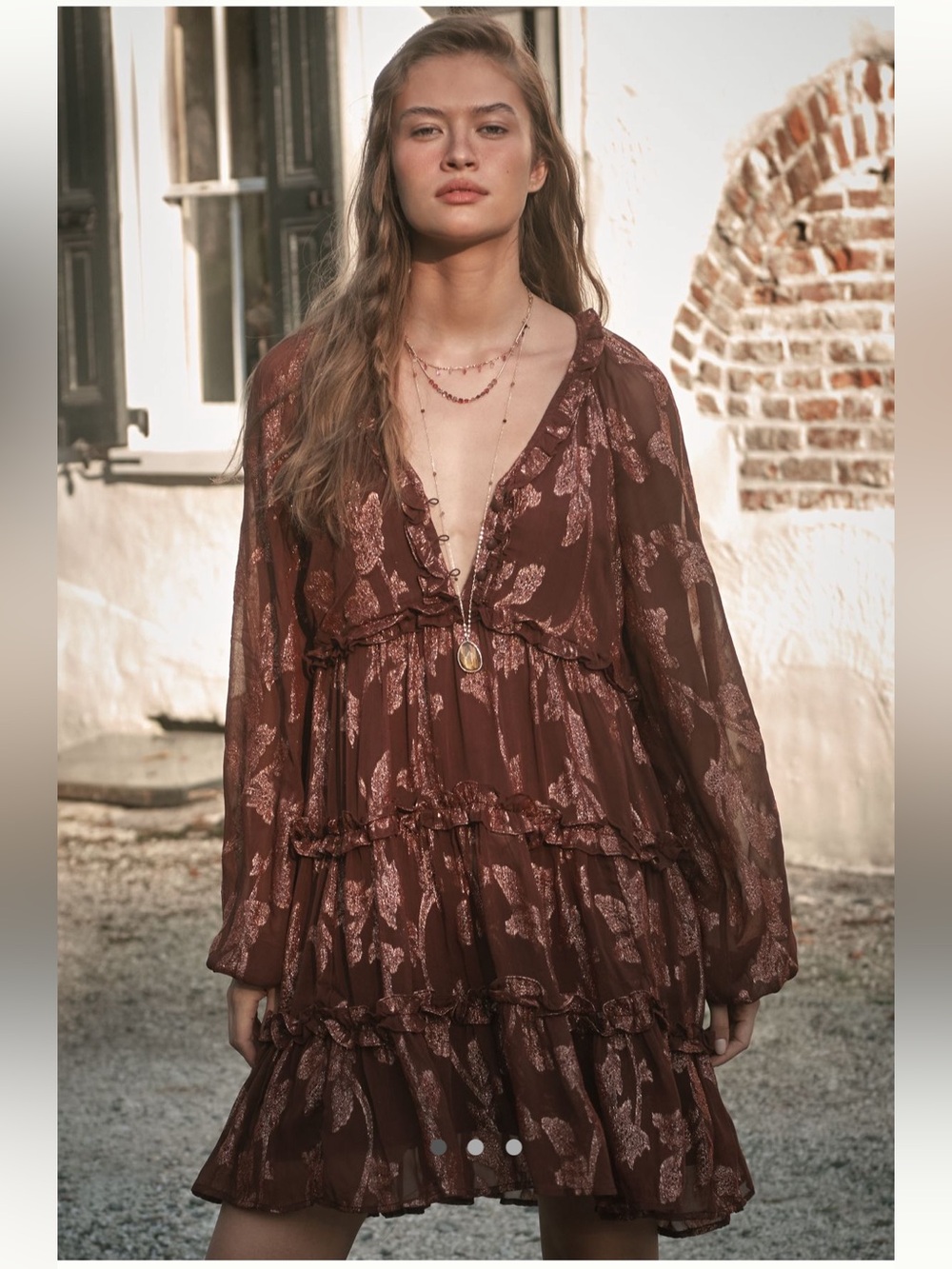Anthropologie Brown Tiered Floral Long-Sleeve Mini Dress